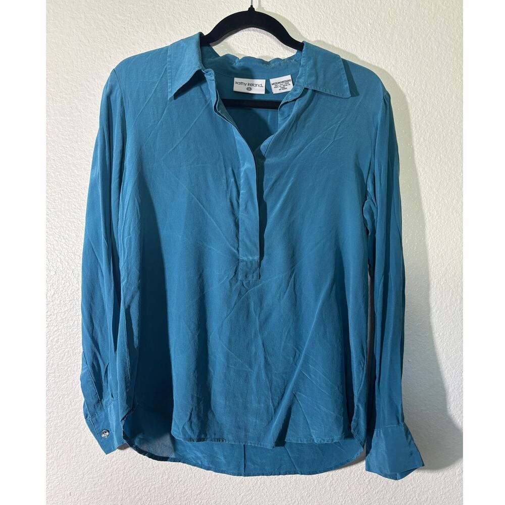 Kathy Ireland Women's Size M Silk Collared Popover Long Sleeve Teal Blouse 90s